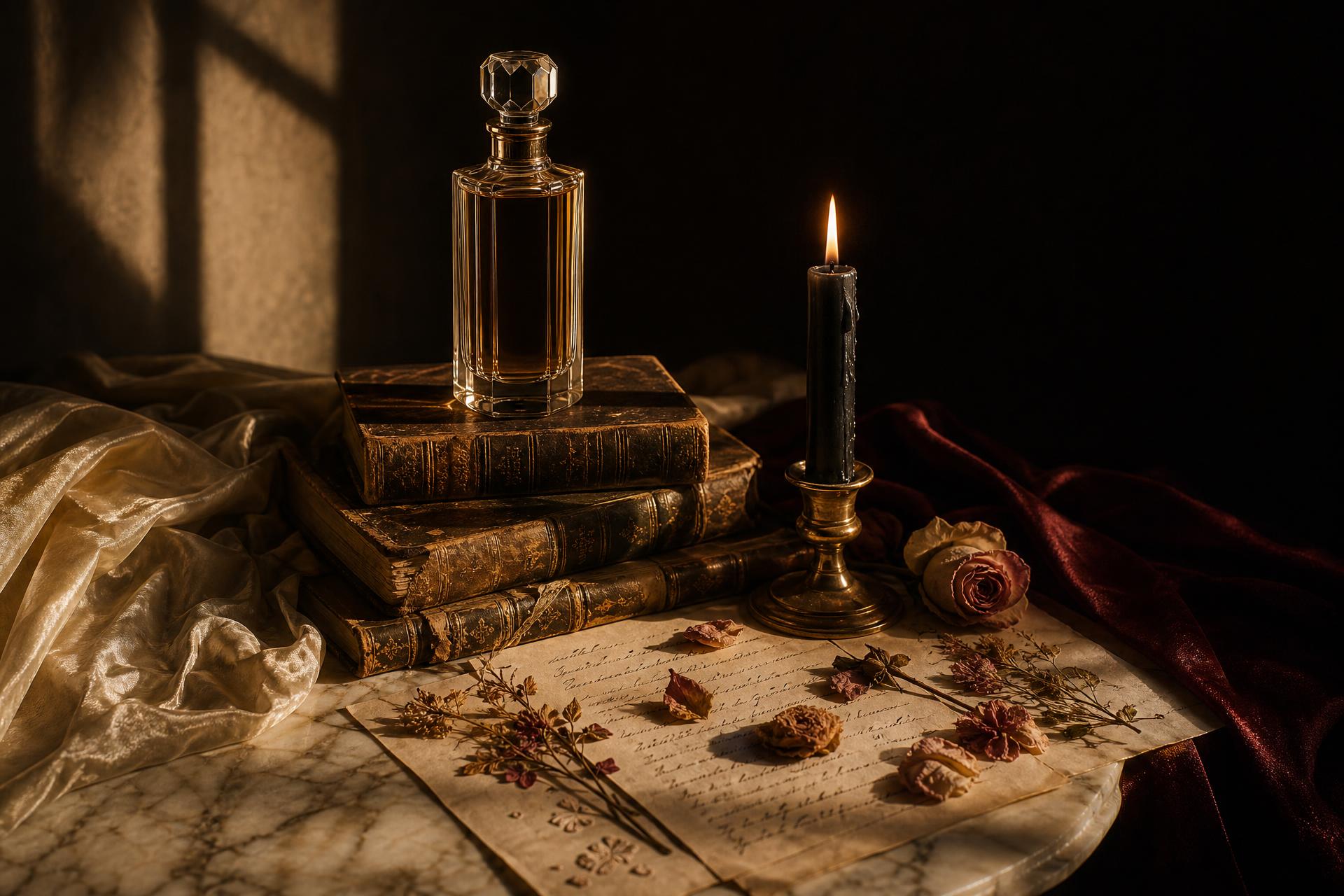 A crystal perfume bottle on antique books, beside a burning black candle, dried roses and handwritten notes on cream marble
